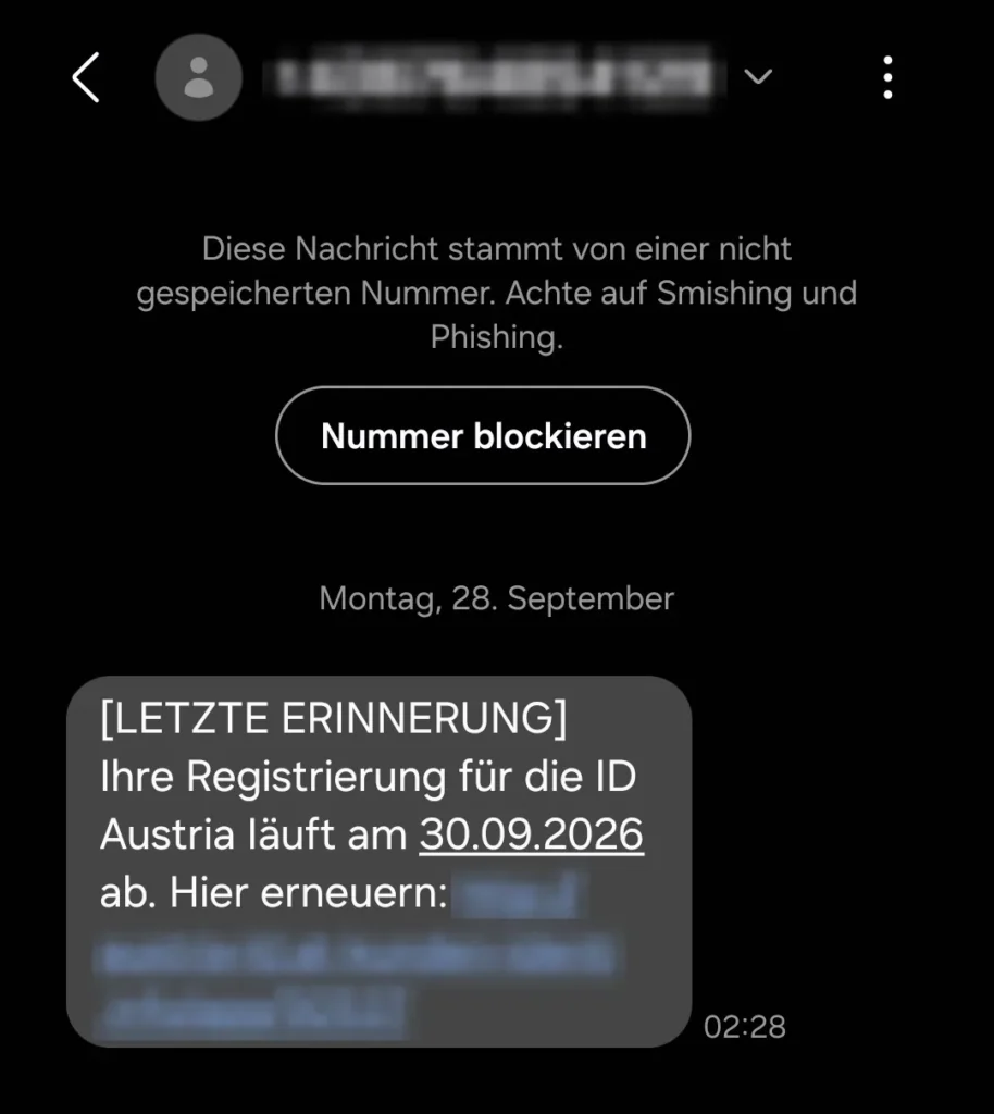 Screenshot einer Betrugs-SMS zur ID Austria, Absendernummer und Link unkenntlich gemacht