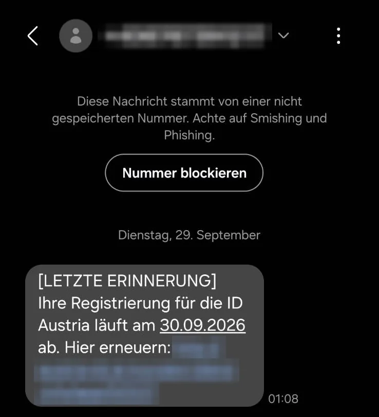 Zweite Betrugs-SMS zur ID Austria vom 29. September 2026, Absendernummer und Link unkenntlich gemacht