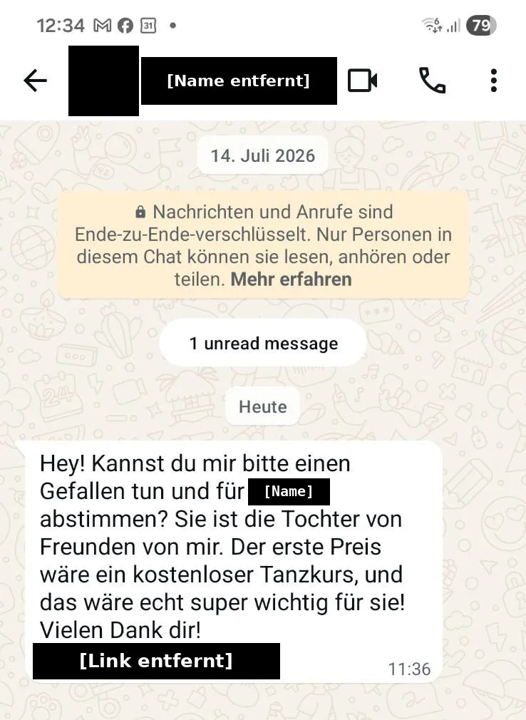 Screenshot einer WhatsApp-Betrugsnachricht mit Bitte um Abstimmung für ein Mädchen, Absender, Name, Profilbild und Link unkenntlich gemacht
