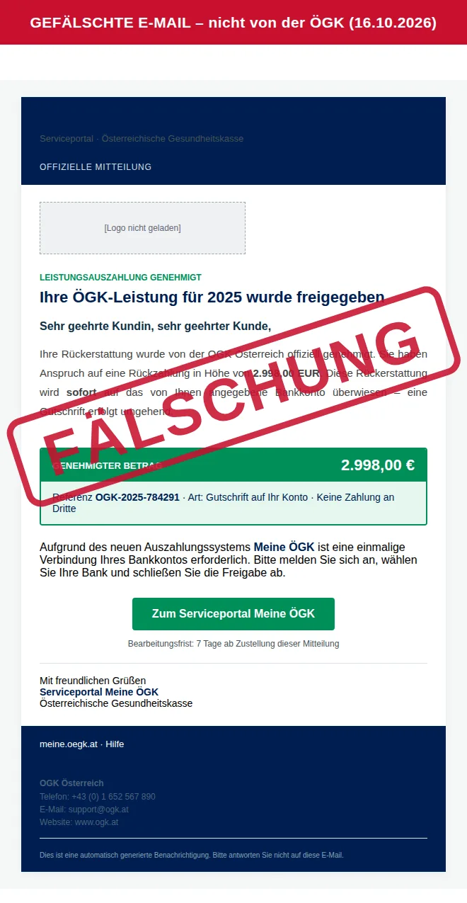Gefälschte ÖGK-Mail vom 16. Oktober 2026 ‚Leistungsauszahlung genehmigt‘ über 2.998 Euro mit Bearbeitungsfrist von 7 Tagen, rot als Fälschung markiert