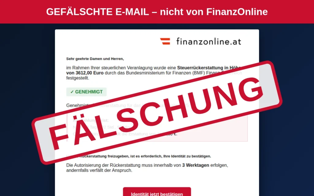 Vorschau: gefälschte FinanzOnline-Mail, groß als Fälschung gestempelt