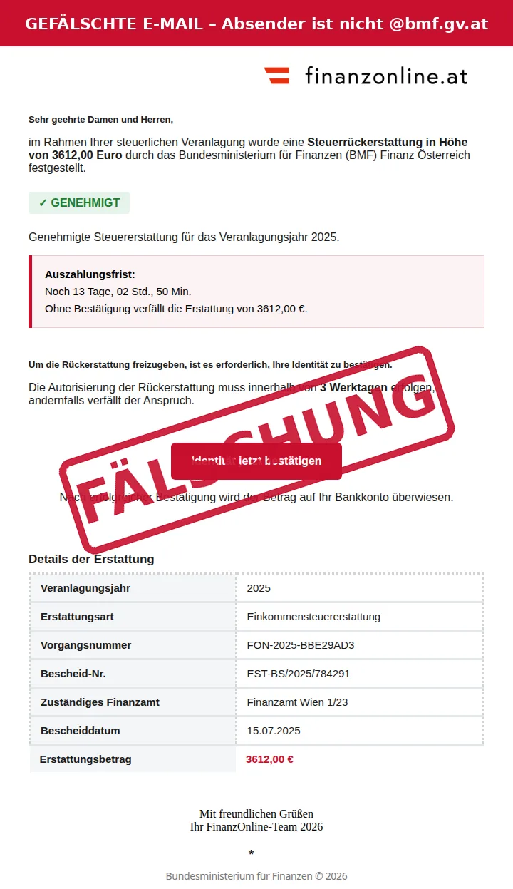 Screenshot der gefälschten FinanzOnline-Mail ‚Steuererstattung 2025 genehmigt‘ über 3.612 Euro mit Button ‚Identität jetzt bestätigen‘, rot als Fälschung markiert
