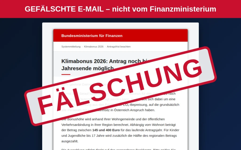 Screenshot der gefälschten Mail ‚Klimabonus 2026: Antrag noch bis Jahresende möglich‘ im Namen des Finanzministeriums, rot als Fälschung markiert