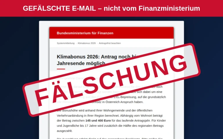 Warnung: Gefälschte Mail „Klimabonus 2026 – Bearbeitungsfrist endet bald“