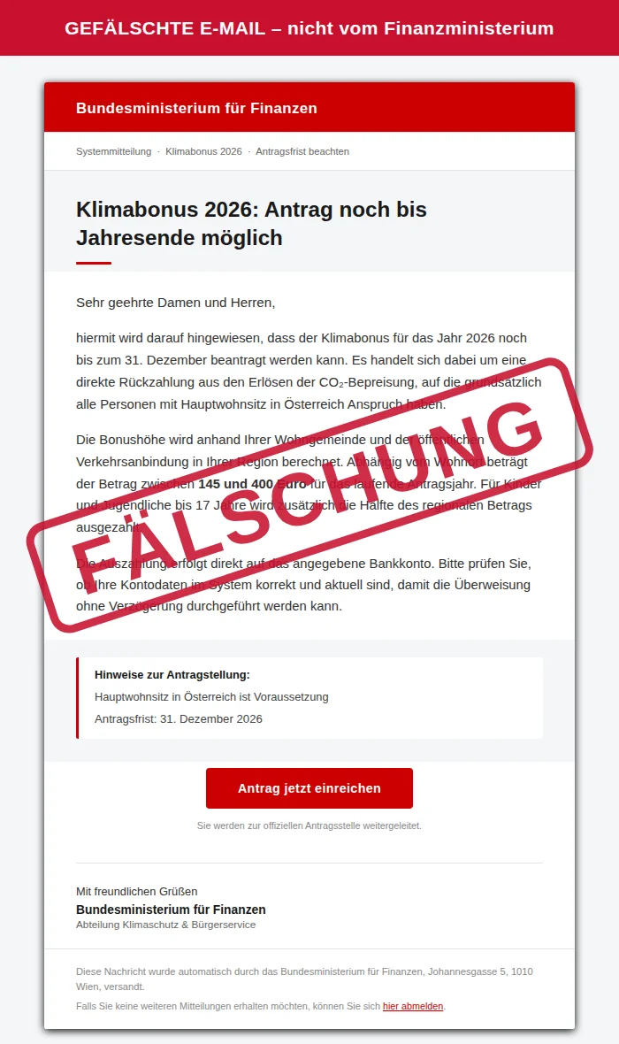 Screenshot der gefälschten Mail ‚Klimabonus 2026: Antrag noch bis Jahresende möglich‘ im Namen des Finanzministeriums, rot als Fälschung markiert