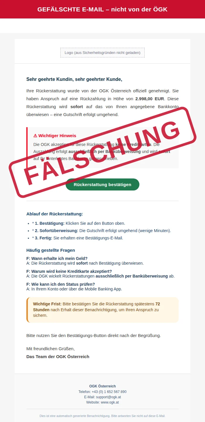 Gefälschte ÖGK-Mail vom 7. Oktober 2026 ‚Rückerstattung bestätigen‘ über 2.998 Euro, rot als Fälschung markiert
