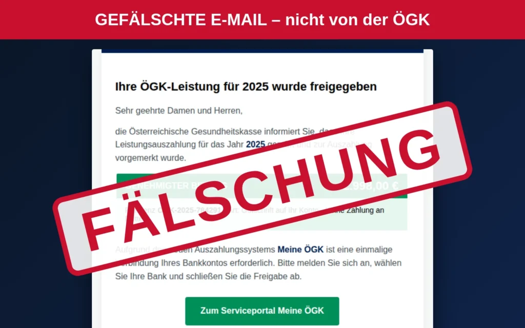 Vorschau: gefälschte ÖGK-Mail, groß als Fälschung gestempelt