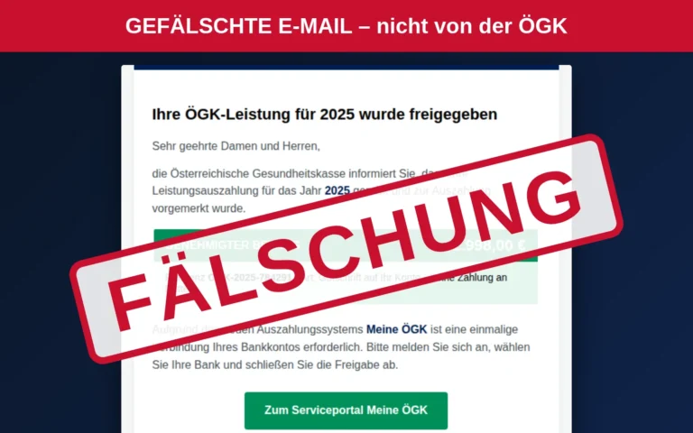 Warnung: ÖGK-Mail „Leistungsauszahlung genehmigt“ über 2.998 Euro ist Betrug