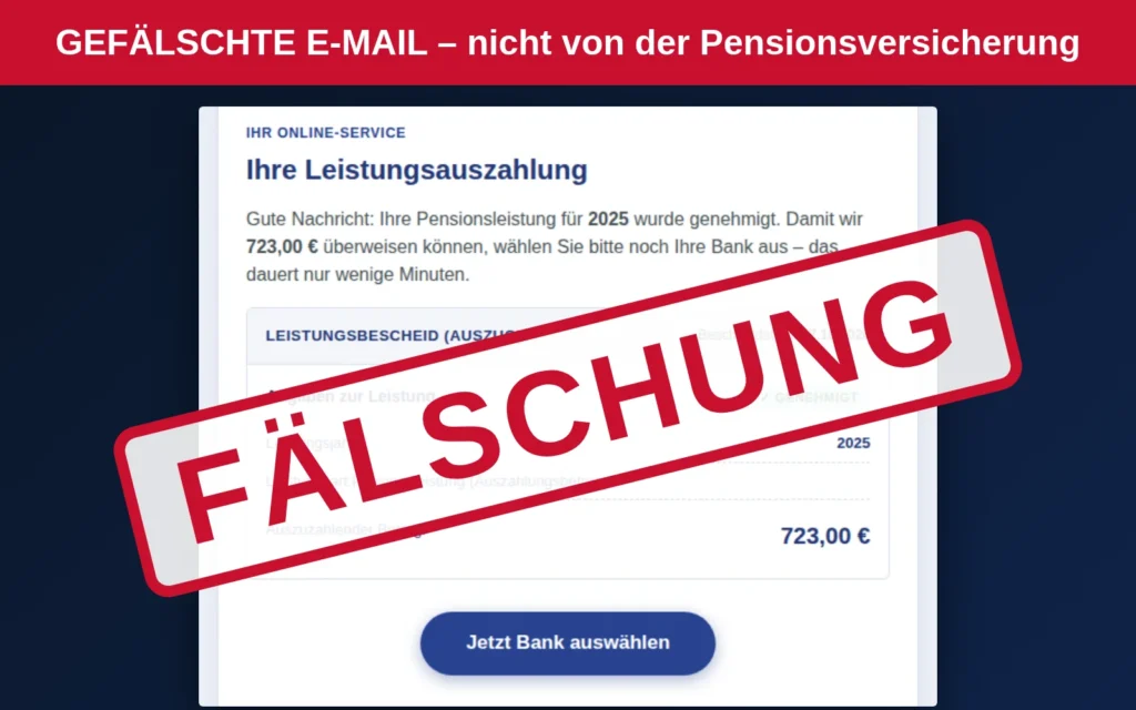 Screenshot der gefälschten Pensionsversicherungs-Mail ‚Ihre Leistungsauszahlung‘ über 723 Euro mit Button ‚Jetzt Bank auswählen‘, rot als Fälschung markiert