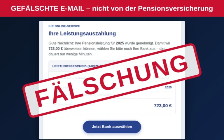 Warnung: Gefälschte Mail der „Pensionsversicherung“ – „Erstattung genehmigt, Auszahlung noch offen“