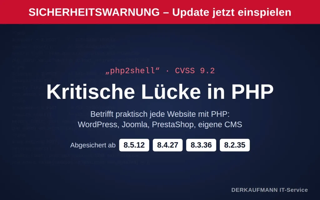 Sicherheitswarnung: kritische Lücke in PHP (php2shell, CVSS 9.2), abgesichert ab PHP 8.5.12, 8.4.27, 8.3.36 und 8.2.35