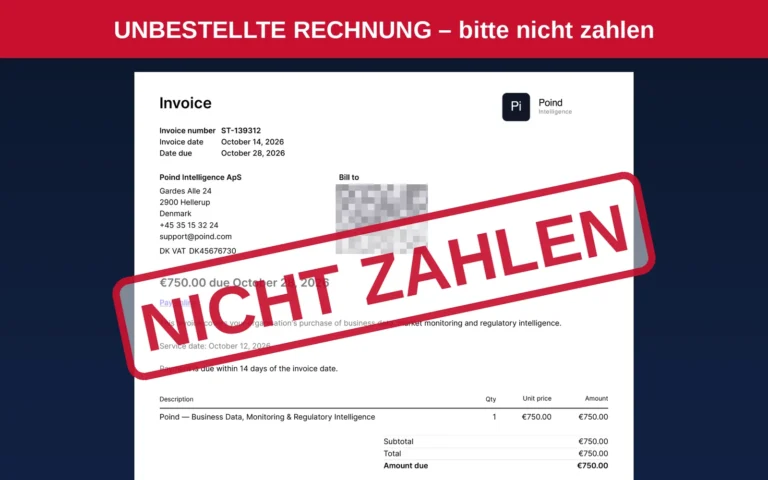 Rechnung von Poind Intelligence ApS über 750 Euro mit rotem Stempel ‚Nicht zahlen‘, Empfängerdaten verpixelt
