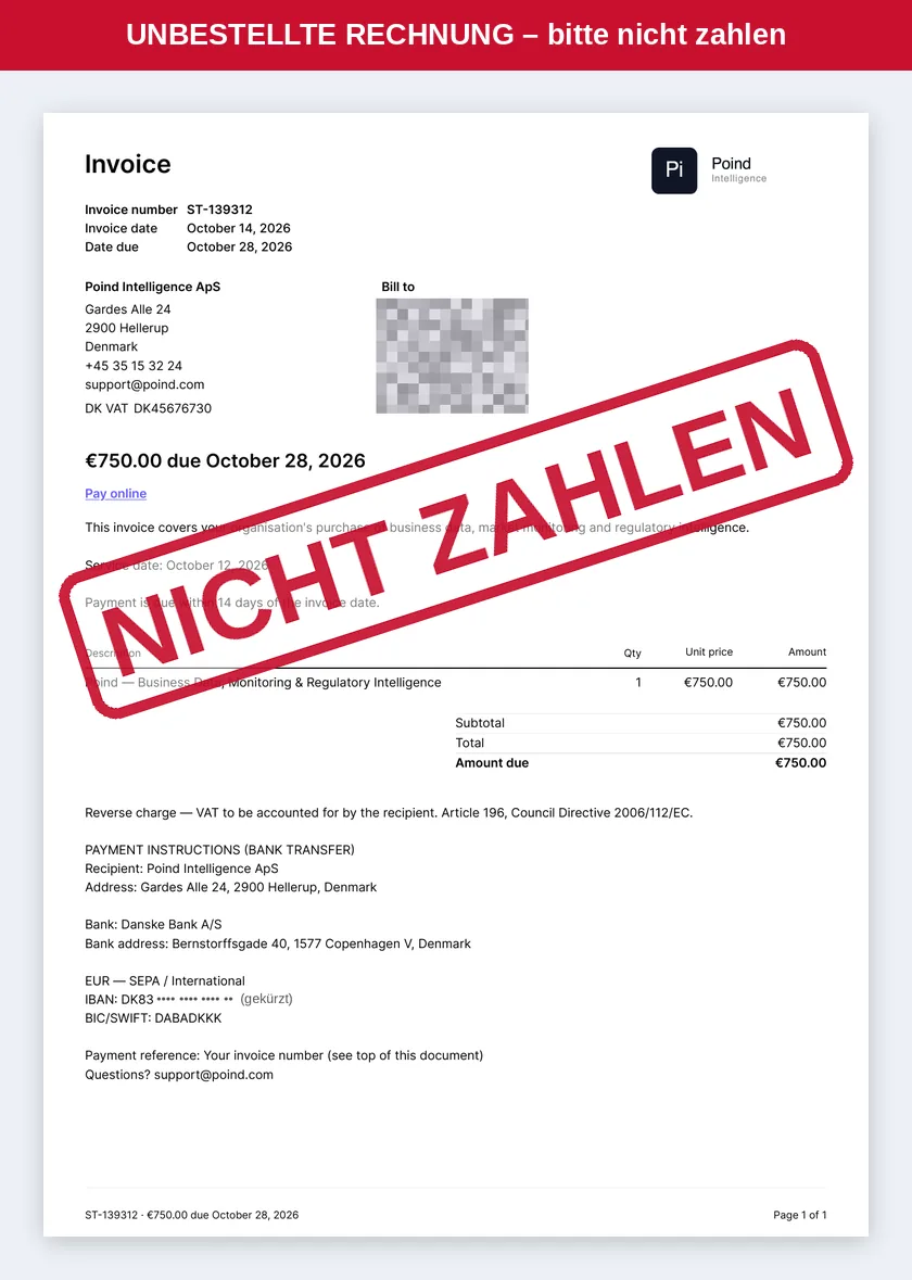 Vollständige Rechnung ST-139312 von Poind Intelligence ApS über 750 Euro, Empfängerdaten verpixelt und IBAN gekürzt, mit Stempel ‚Nicht zahlen‘