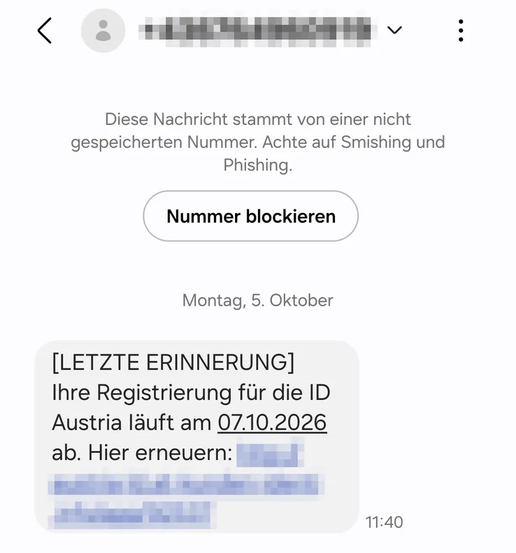 Dritte Betrugs-SMS zur ID Austria vom 5. Oktober 2026 mit neuer Frist 07.10.2026, Absendernummer und Link unkenntlich gemacht