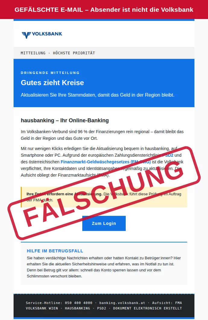 Screenshot der gefälschten Volksbank-Mail ‚Gutes zieht Kreise‘ mit Button ‚Zum Login‘, rot als Fälschung markiert